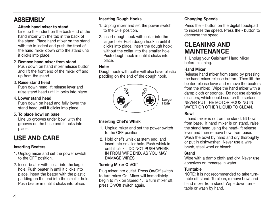 Assembly, Use and care, Cleaning and maintenance | Cuisinart HSM-70 User Manual | Page 4 / 7