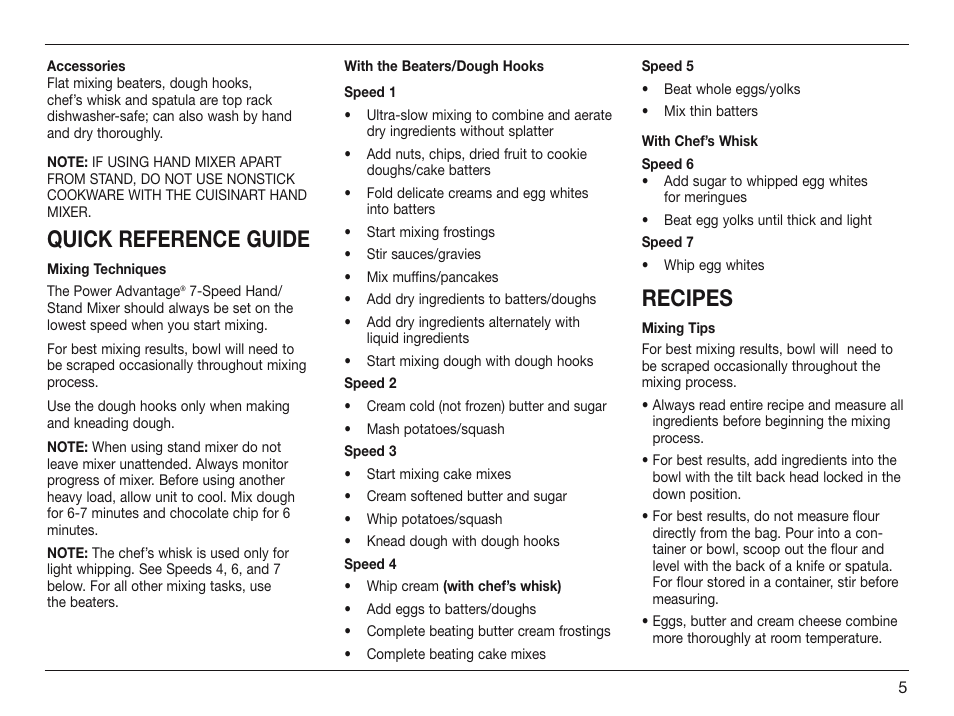 Quick reference guide, Recipes | Cuisinart HSM-70 User Manual | Page 5 / 7