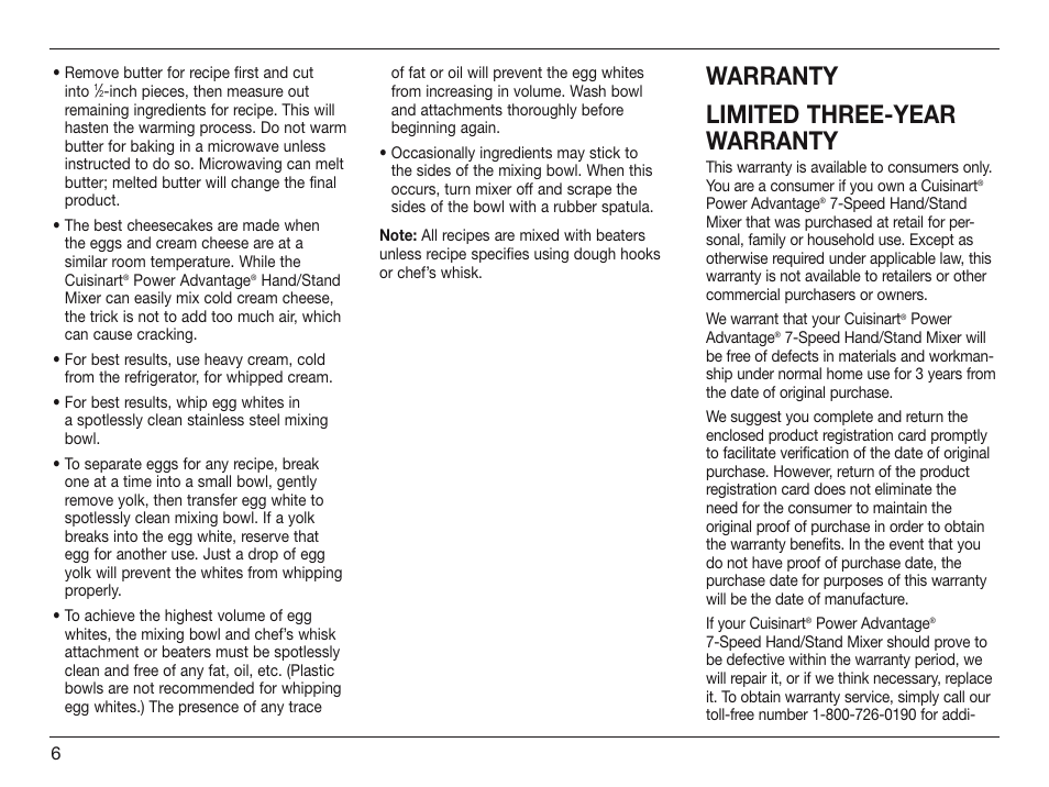 Warranty limited three-year warranty | Cuisinart HSM-70 User Manual | Page 6 / 7