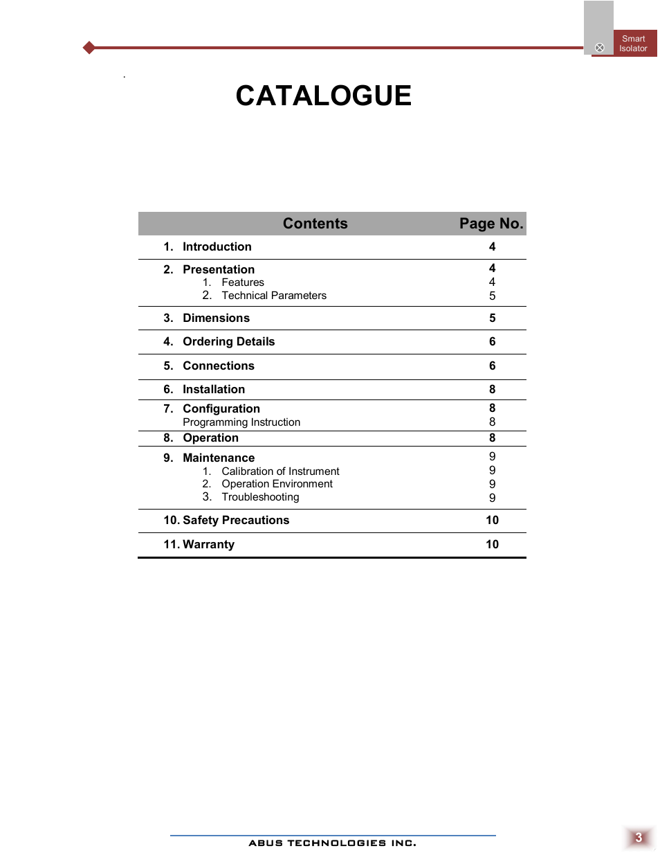 Catalogue, Contents page no | ABUS Technologies SPI Smart Programmable Isolator User Manual | Page 3 / 10