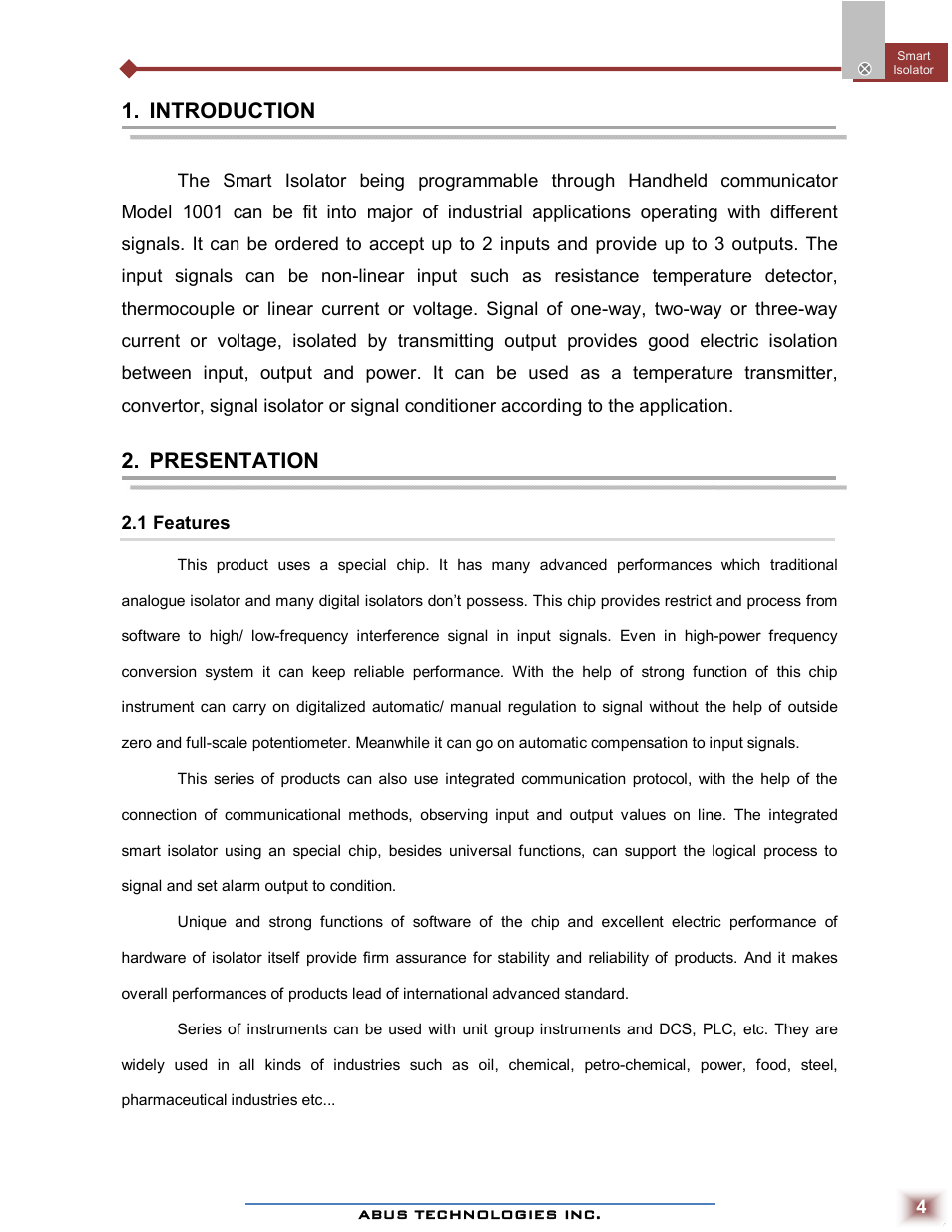 Introduction, Presentation | ABUS Technologies SPI Smart Programmable Isolator User Manual | Page 4 / 10
