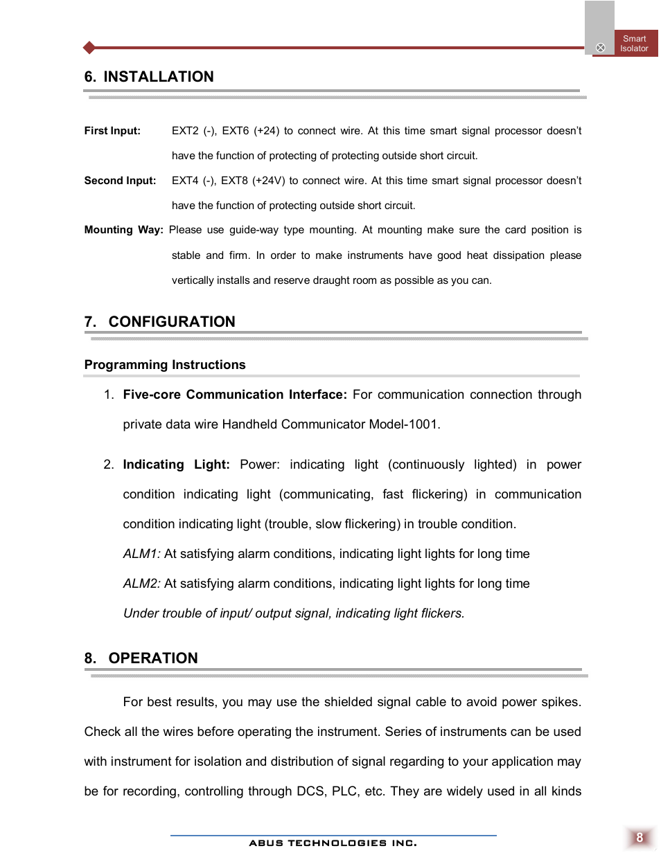 Installation, Configuration, Operation | ABUS Technologies SPI Smart Programmable Isolator User Manual | Page 8 / 10