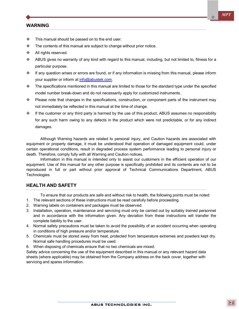 ABUS Technologies MPT Melt Pressure Transmitter User Manual | Page 2 / 8
