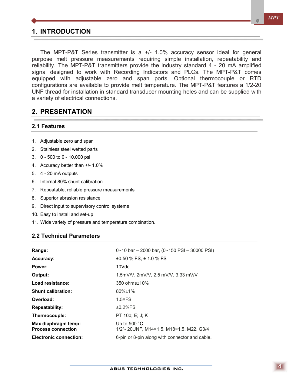 Introduction, Presentation | ABUS Technologies MPT Melt Pressure Transmitter User Manual | Page 4 / 8