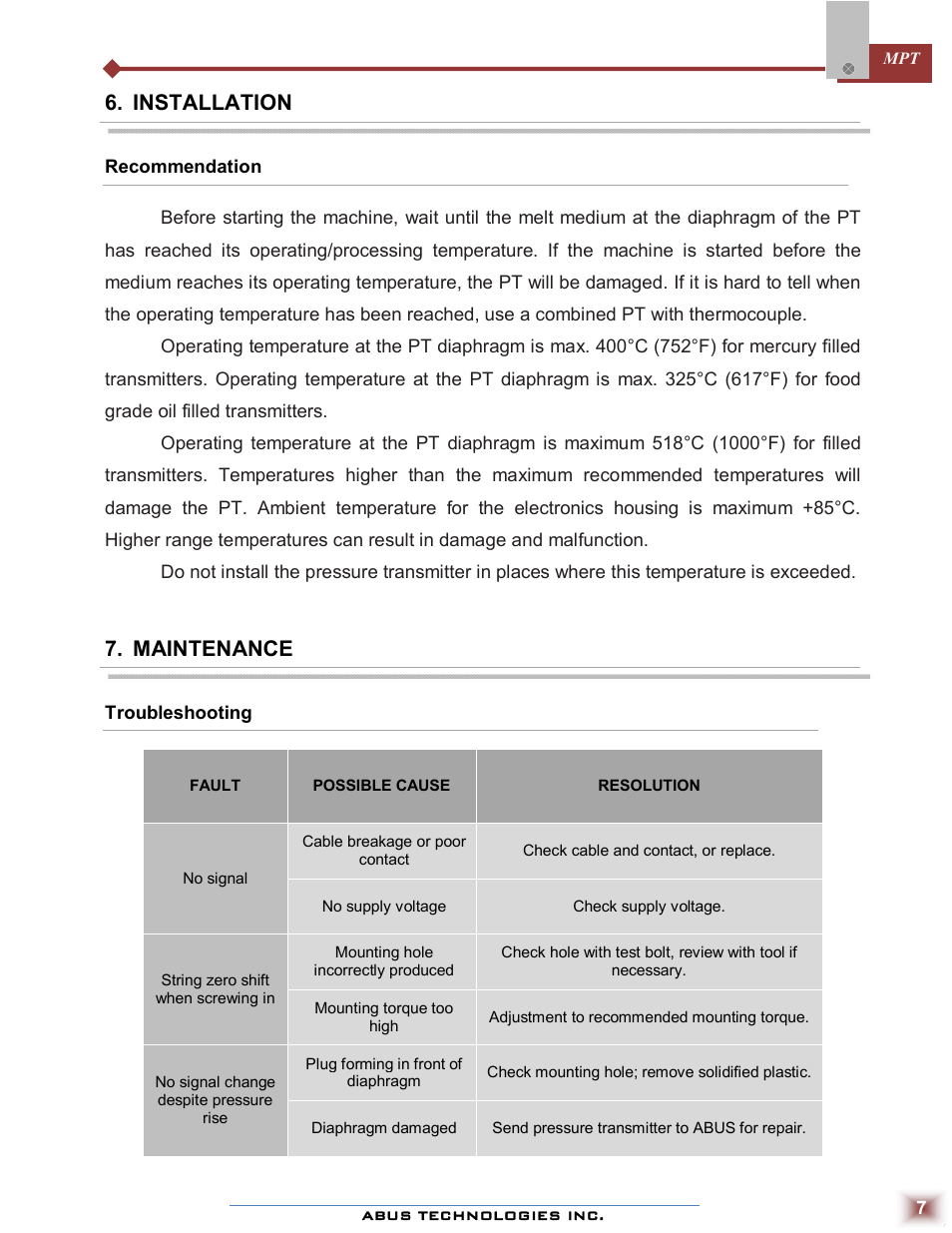 Installation, Maintenance | ABUS Technologies MPT Melt Pressure Transmitter User Manual | Page 7 / 8