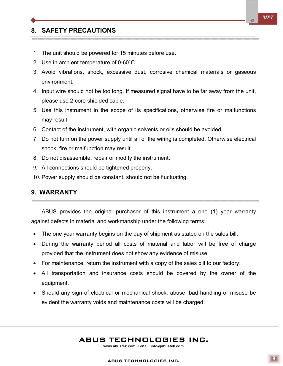 Abus technologies inc | ABUS Technologies MPT Melt Pressure Transmitter User Manual | Page 8 / 8