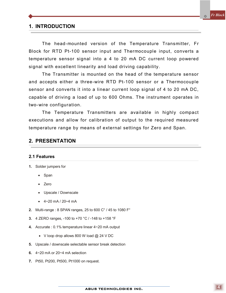 Introduction, Presentation | ABUS Technologies Fr Block Temperature Transmitter User Manual | Page 4 / 9