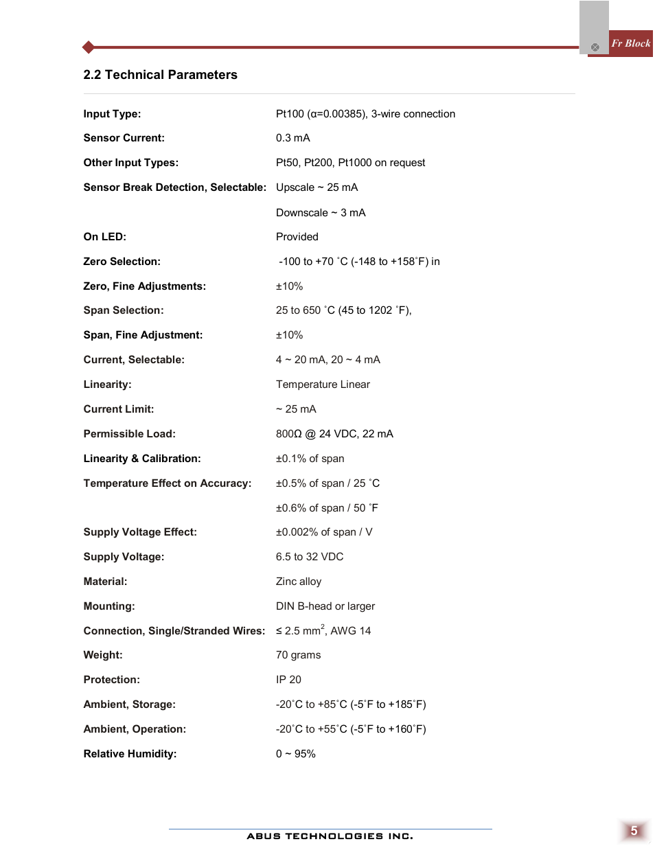 ABUS Technologies Fr Block Temperature Transmitter User Manual | Page 5 / 9