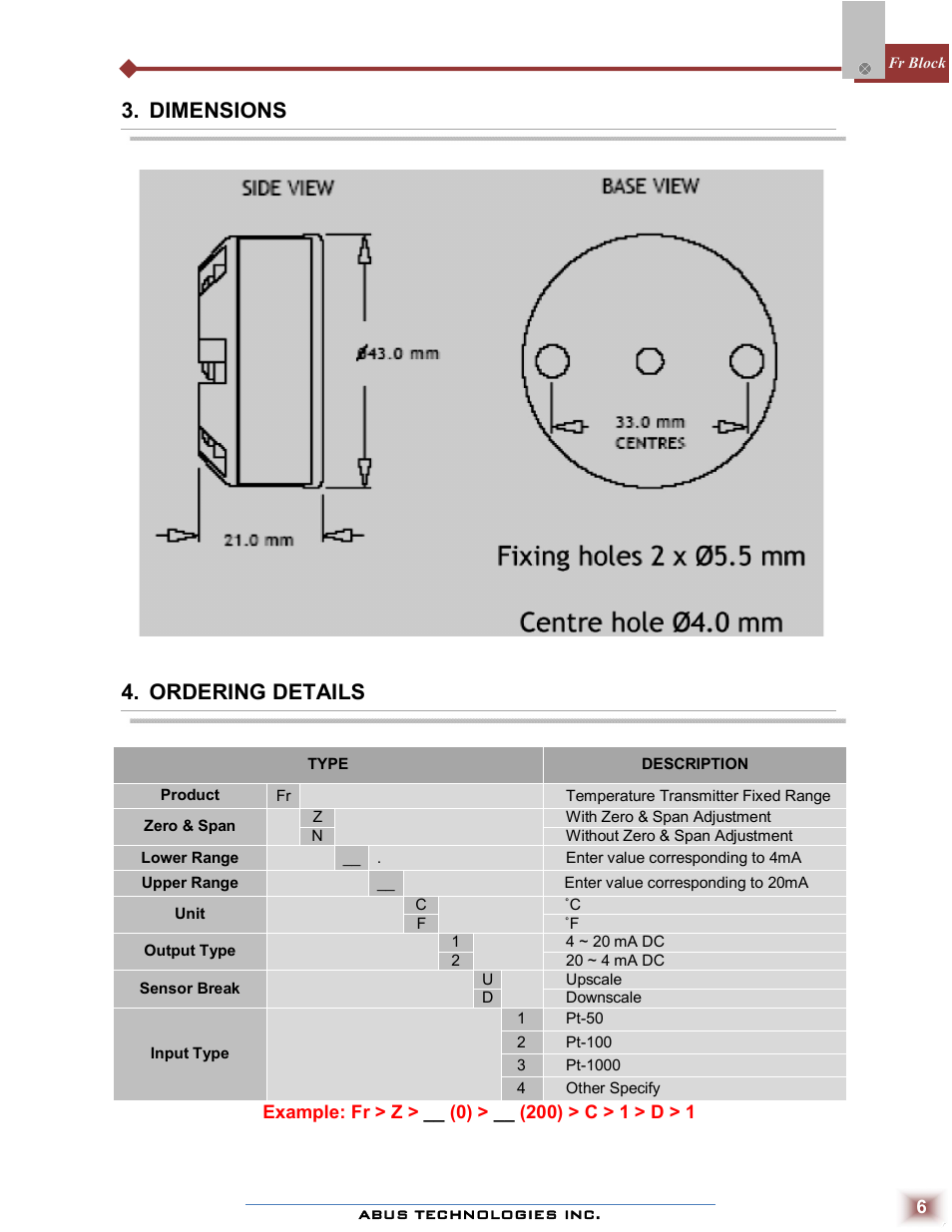 Dimensions, Ordering details | ABUS Technologies Fr Block Temperature Transmitter User Manual | Page 6 / 9