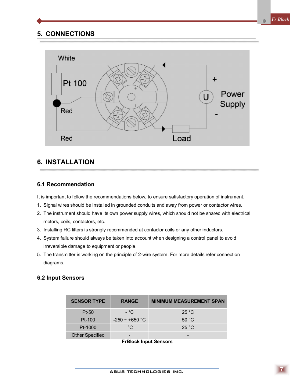 Connections, Installation | ABUS Technologies Fr Block Temperature Transmitter User Manual | Page 7 / 9