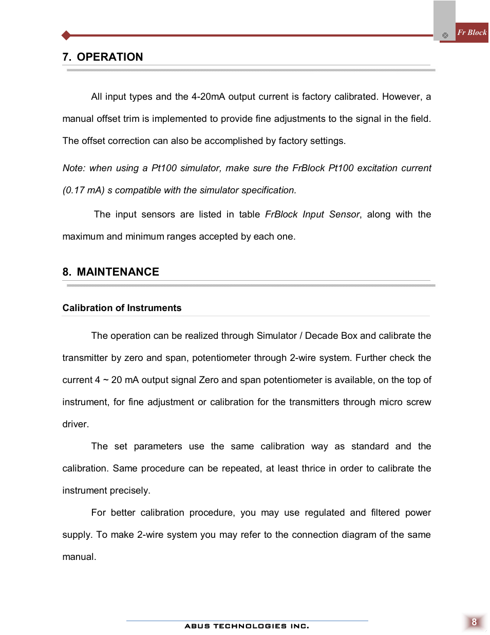 Operation, Maintenance | ABUS Technologies Fr Block Temperature Transmitter User Manual | Page 8 / 9