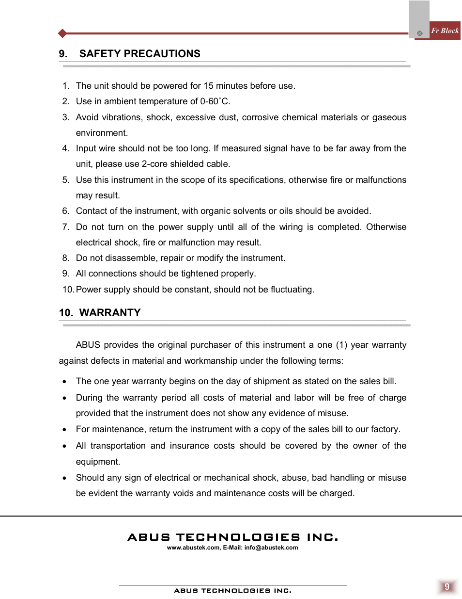 Abus technologies inc, Safety precautions, Warranty | ABUS Technologies Fr Block Temperature Transmitter User Manual | Page 9 / 9