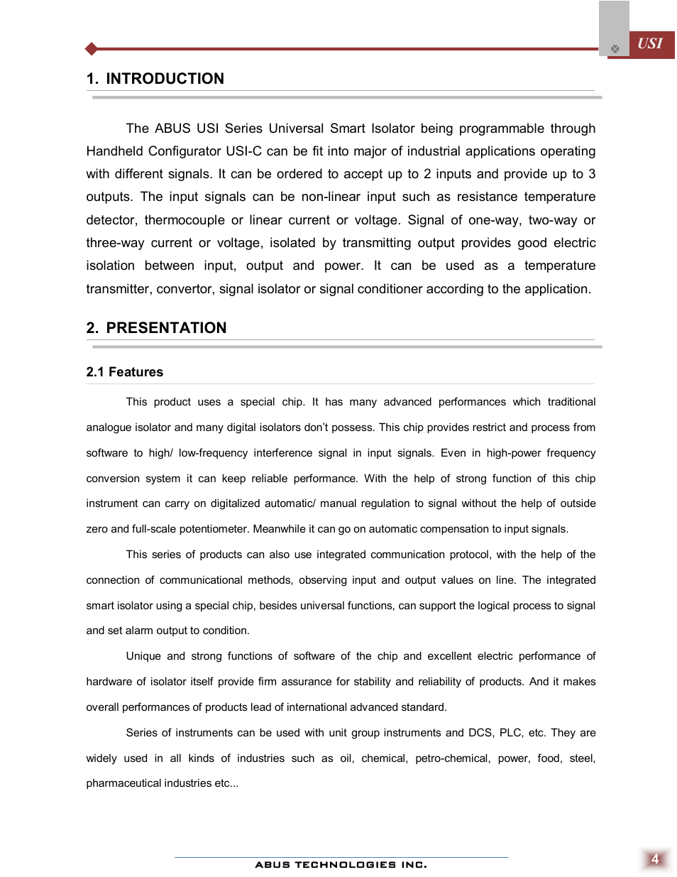 Introduction, Presentation | ABUS Technologies USI Universal Smart Isolator User Manual | Page 4 / 11