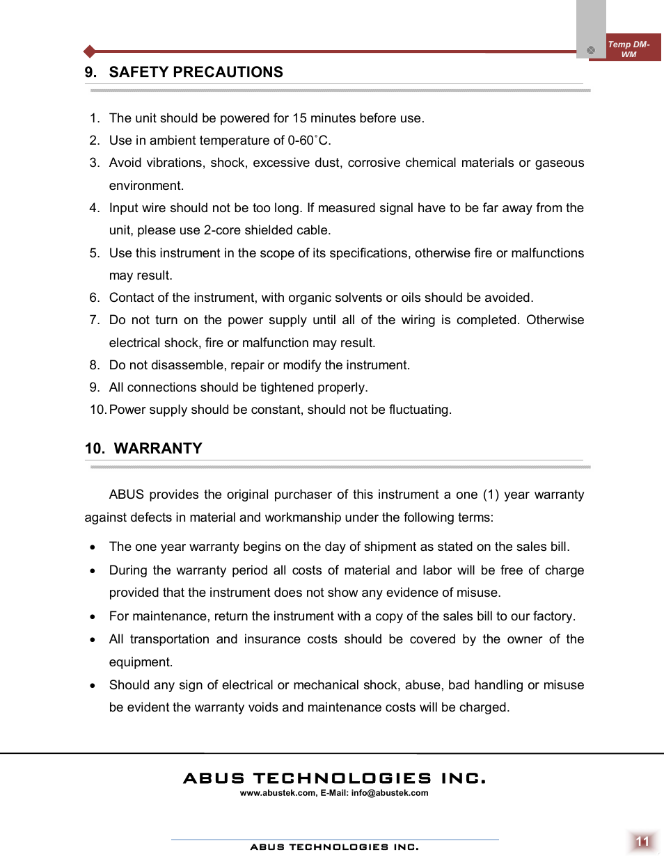 Abus technologies inc, Safety precautions, Warranty | ABUS Technologies Temp DM WM Temperature Transmitter User Manual | Page 11 / 11