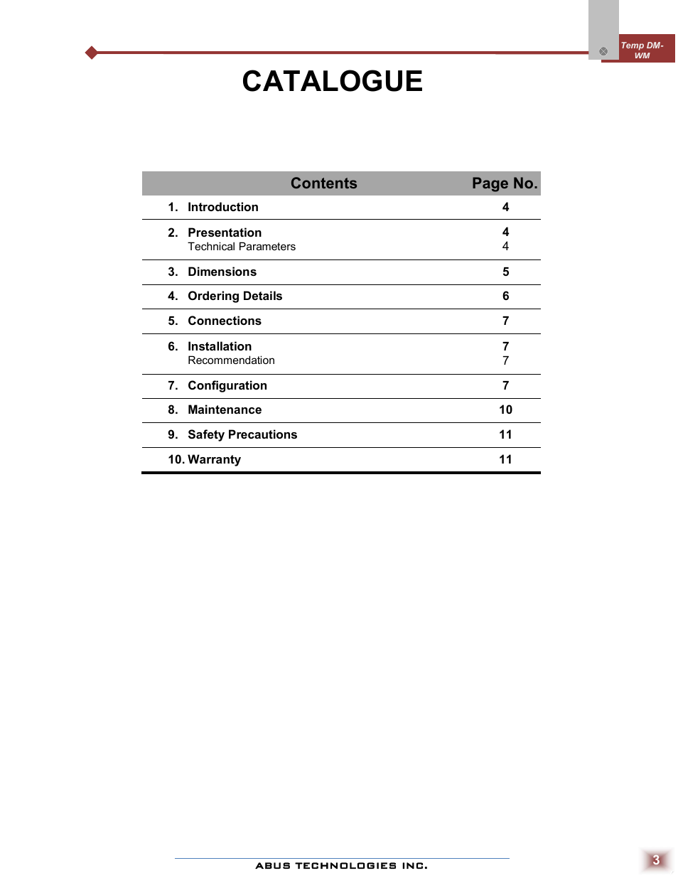 Catalogue, Contents page no | ABUS Technologies Temp DM WM Temperature Transmitter User Manual | Page 3 / 11