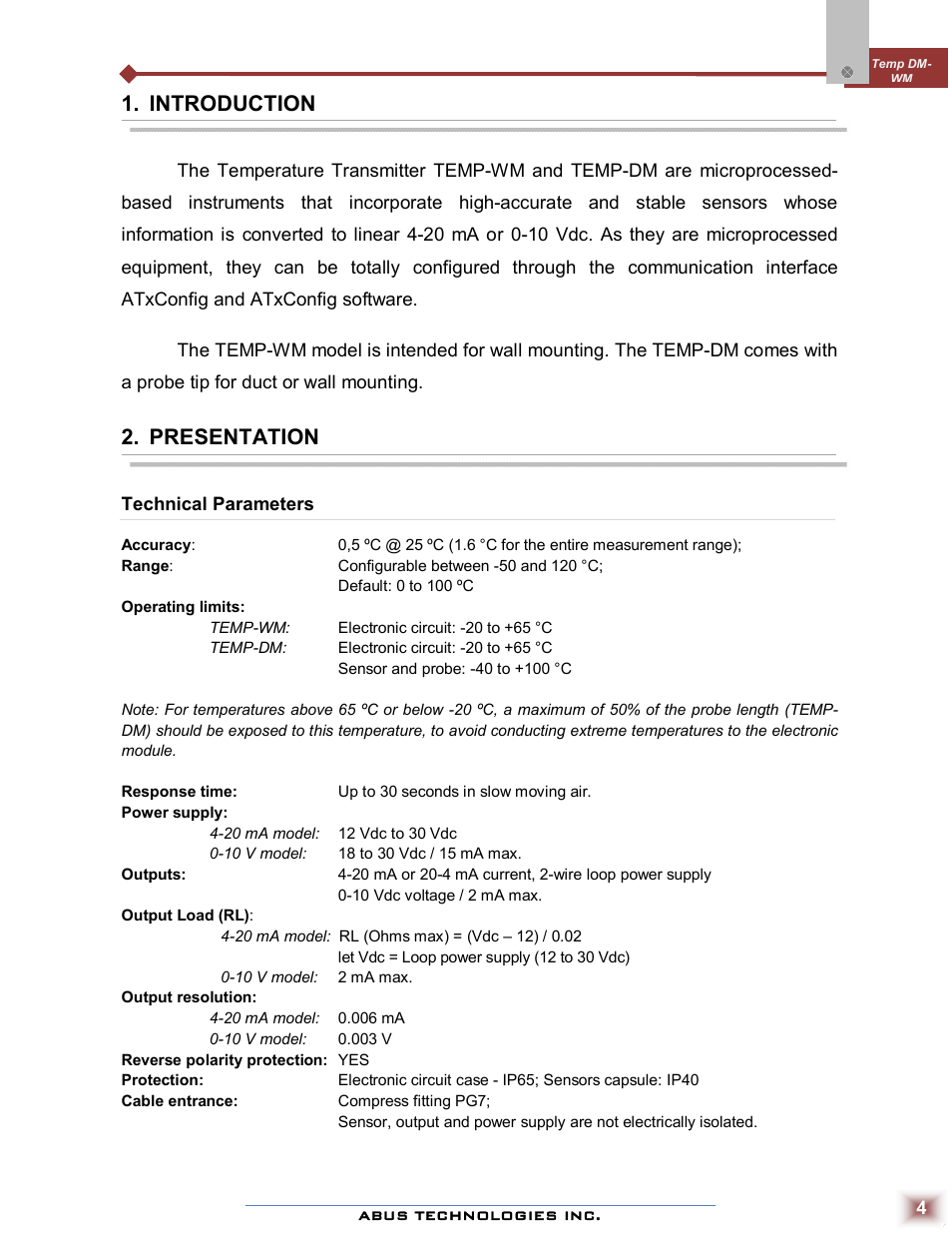 Introduction, Presentation | ABUS Technologies Temp DM WM Temperature Transmitter User Manual | Page 4 / 11