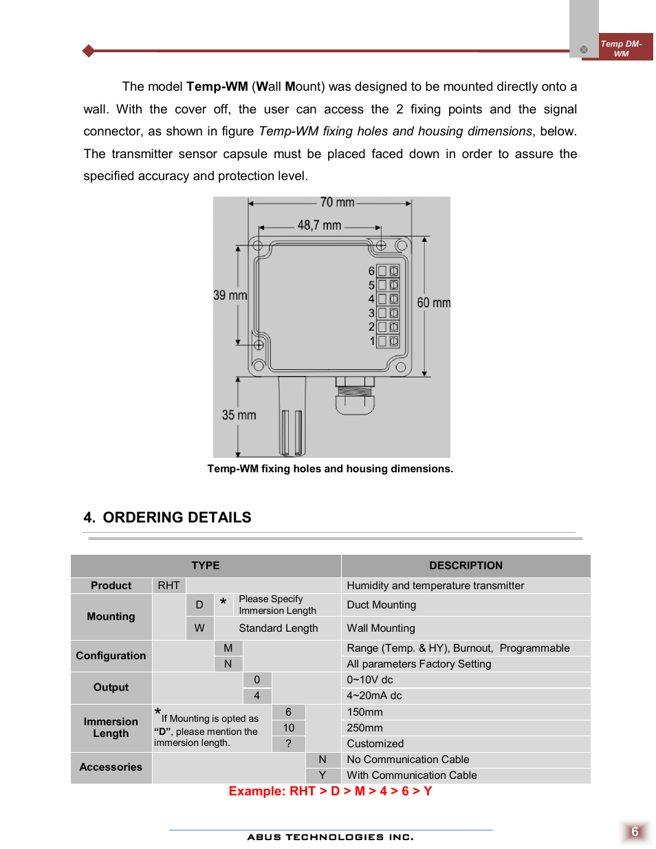 Ordering details | ABUS Technologies Temp DM WM Temperature Transmitter User Manual | Page 6 / 11