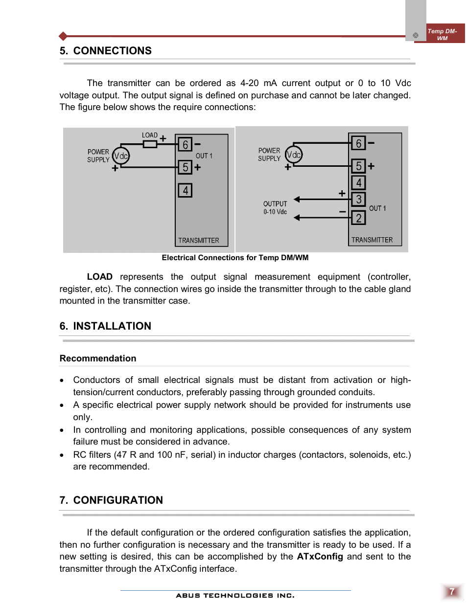 Connections, Installation, Configuration | ABUS Technologies Temp DM WM Temperature Transmitter User Manual | Page 7 / 11