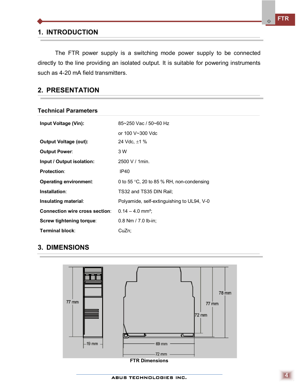 Introduction, Presentation, Dimensions | ABUS Technologies FTR Power Supply User Manual | Page 4 / 6