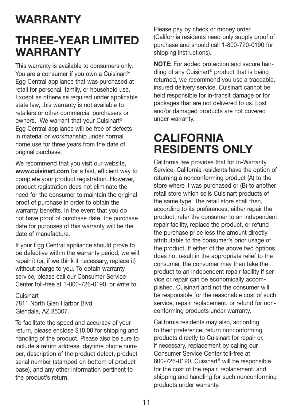 Warranty three-year limited warranty, California residents only | Cuisinart Egg Central CEC-10 User Manual | Page 12 / 17