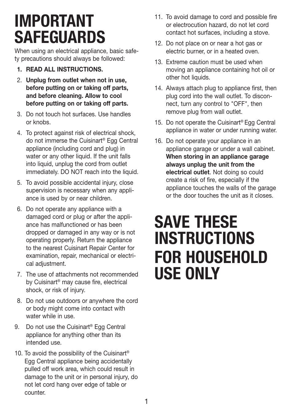 Important safeguards, Save these instructions for household use only | Cuisinart Egg Central CEC-10 User Manual | Page 2 / 17
