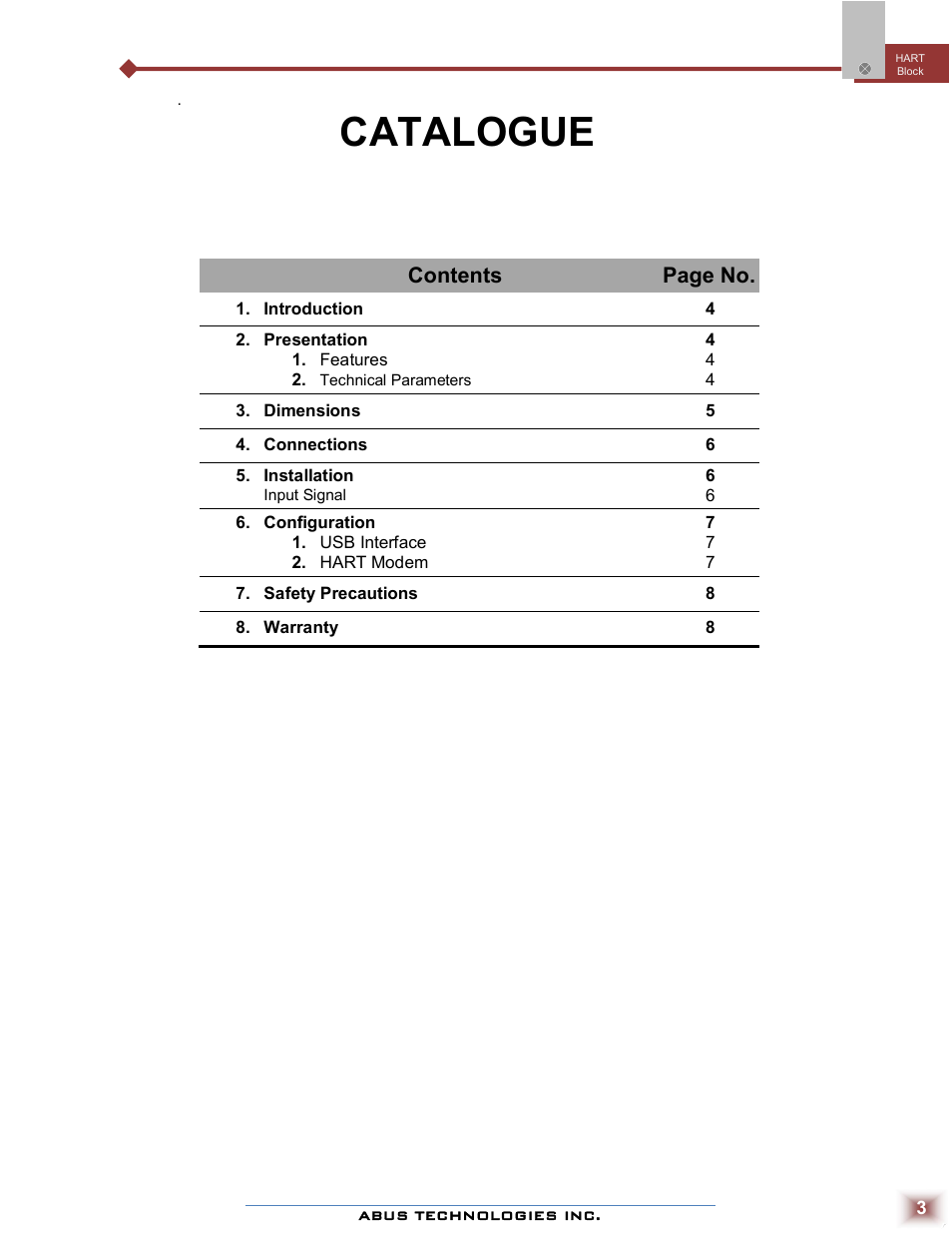 Catalogue, Contents page no | ABUS Technologies HART? Block Temperature Transmitter User Manual | Page 3 / 8