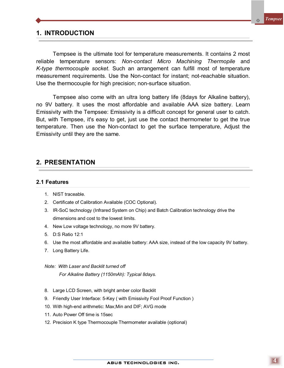 Introduction, Presentation | ABUS Technologies Tempsee Infra Red Thermometer User Manual | Page 4 / 8