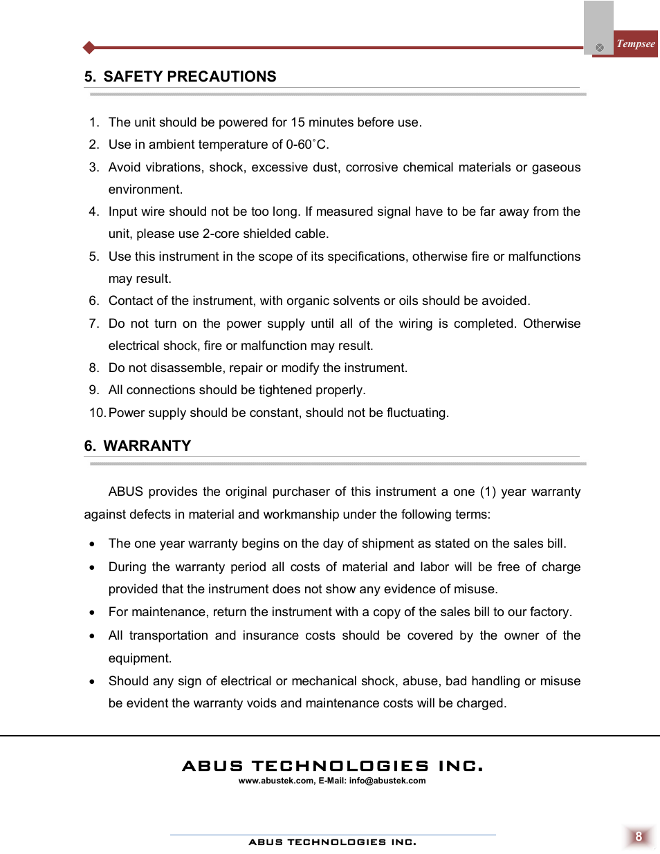 Abus technologies inc, Safety precautions, Warranty | ABUS Technologies Tempsee Infra Red Thermometer User Manual | Page 8 / 8