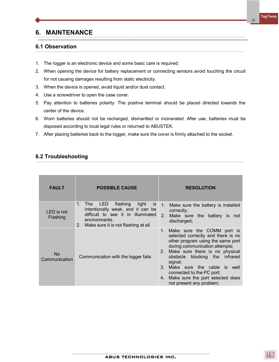 Maintenance | ABUS Technologies TAGTEMP Data Logger User Manual | Page 16 / 17