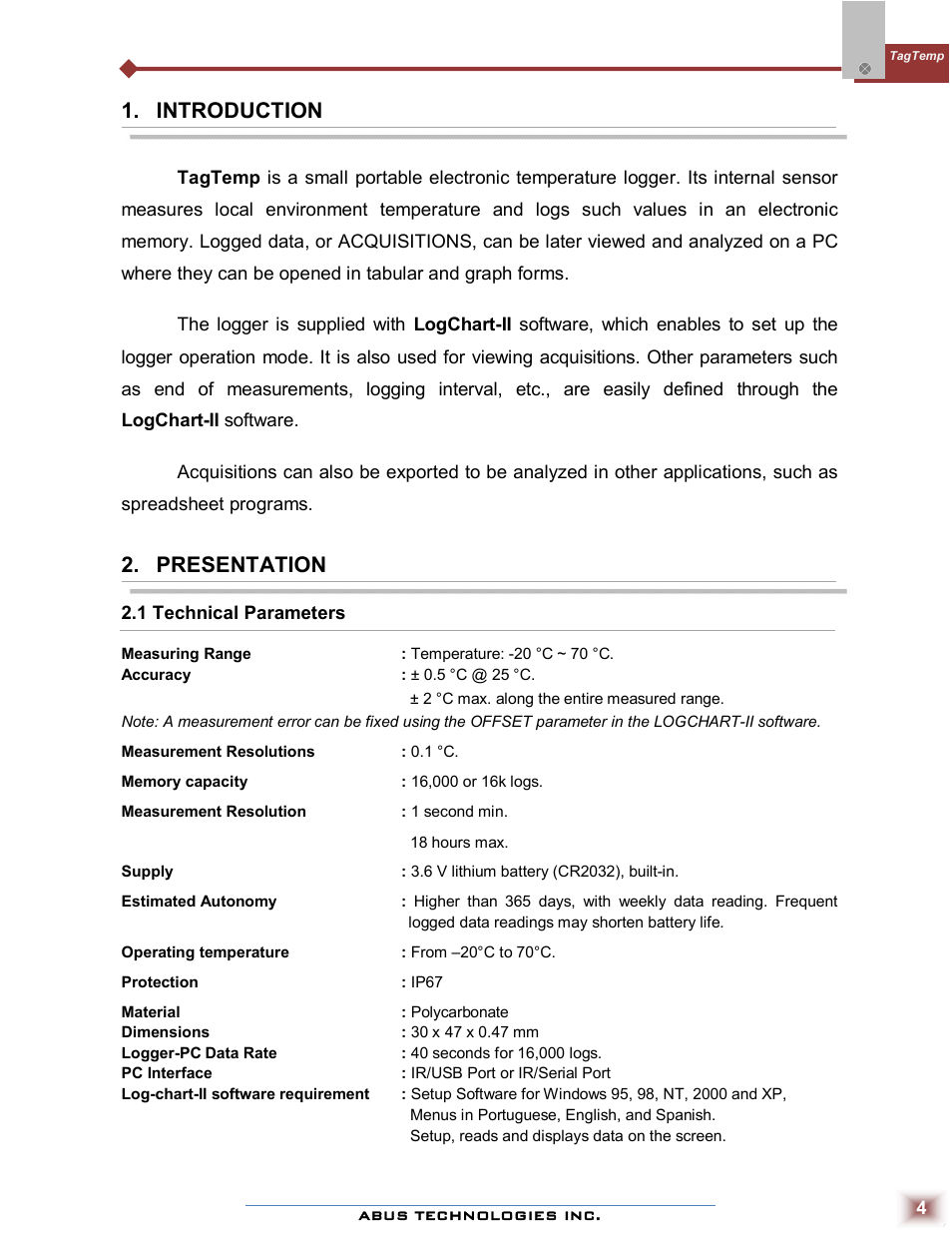 Introduction, Presentation | ABUS Technologies TAGTEMP Data Logger User Manual | Page 4 / 17