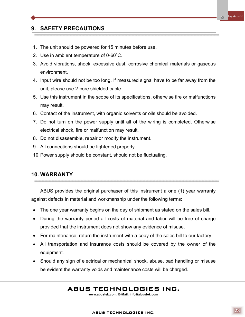 Abus technologies inc | ABUS Technologies Log Box-AA Data Logger User Manual | Page 23 / 23