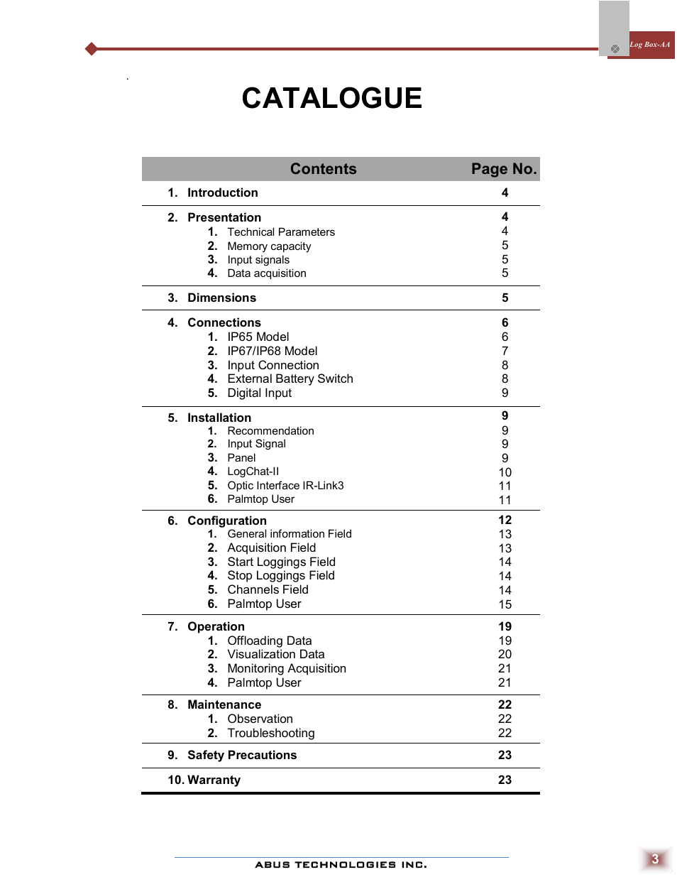 Catalogue, Contents page no | ABUS Technologies Log Box-AA Data Logger User Manual | Page 3 / 23