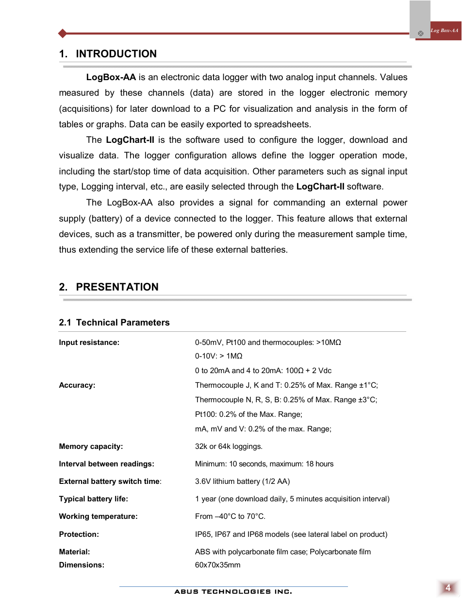 Introduction, Presentation | ABUS Technologies Log Box-AA Data Logger User Manual | Page 4 / 23