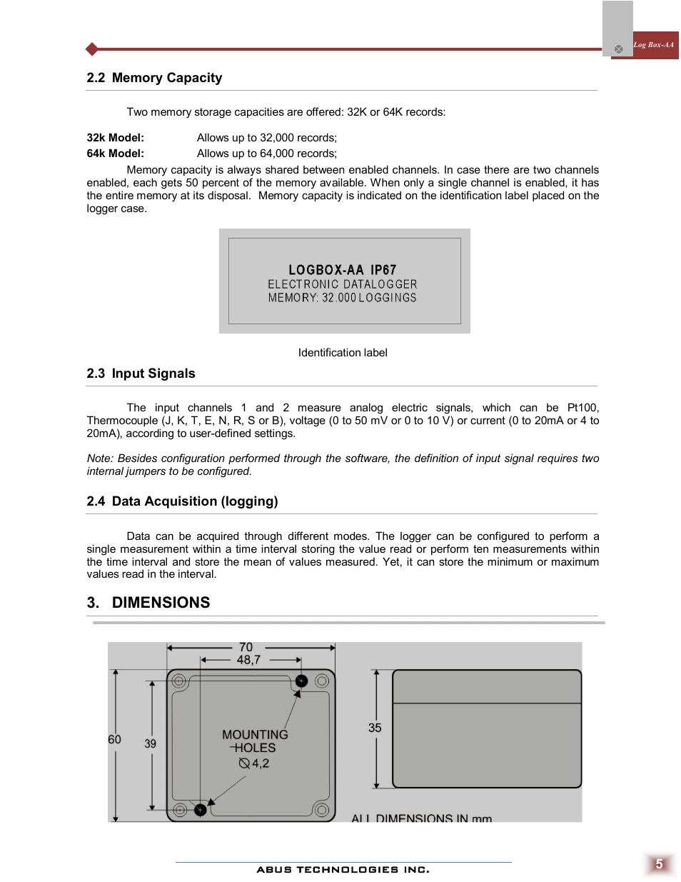 Dimensions | ABUS Technologies Log Box-AA Data Logger User Manual | Page 5 / 23