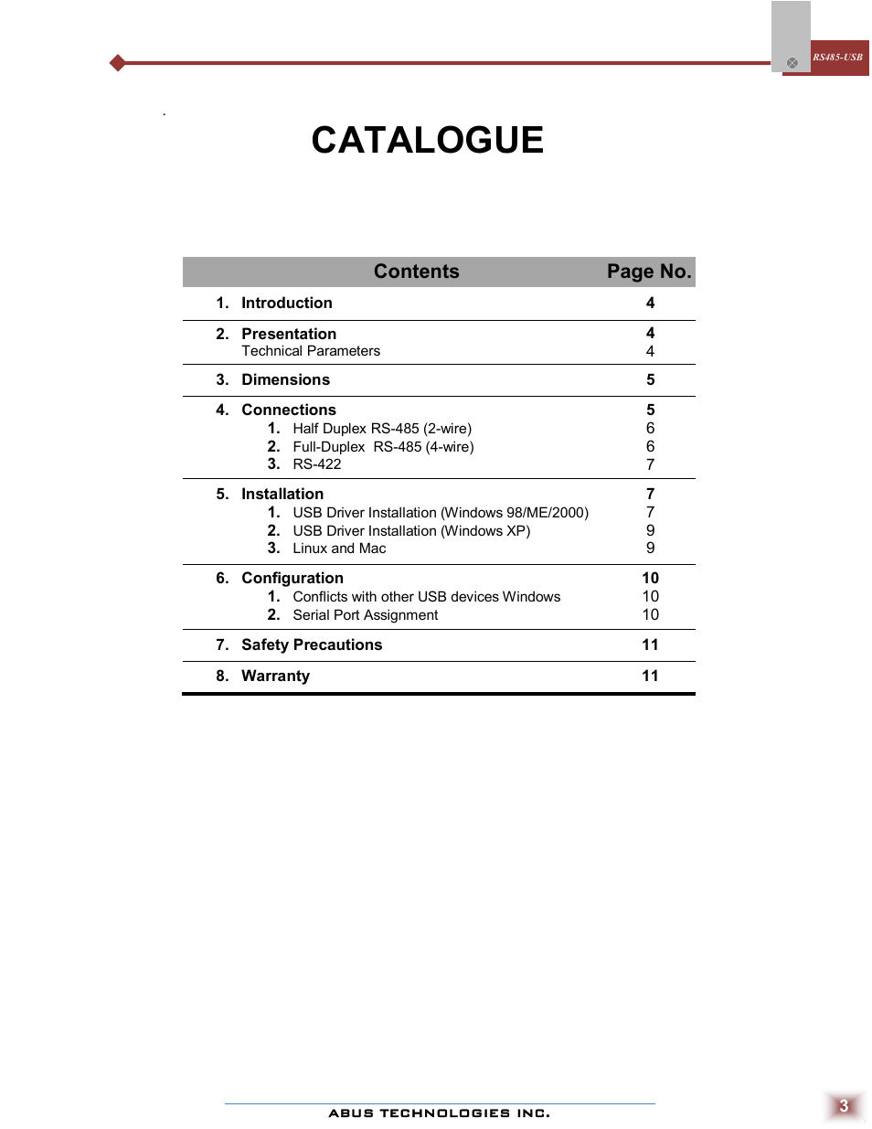 Catalogue, Contents page no | ABUS Technologies RS485-USB Converter User Manual | Page 3 / 11