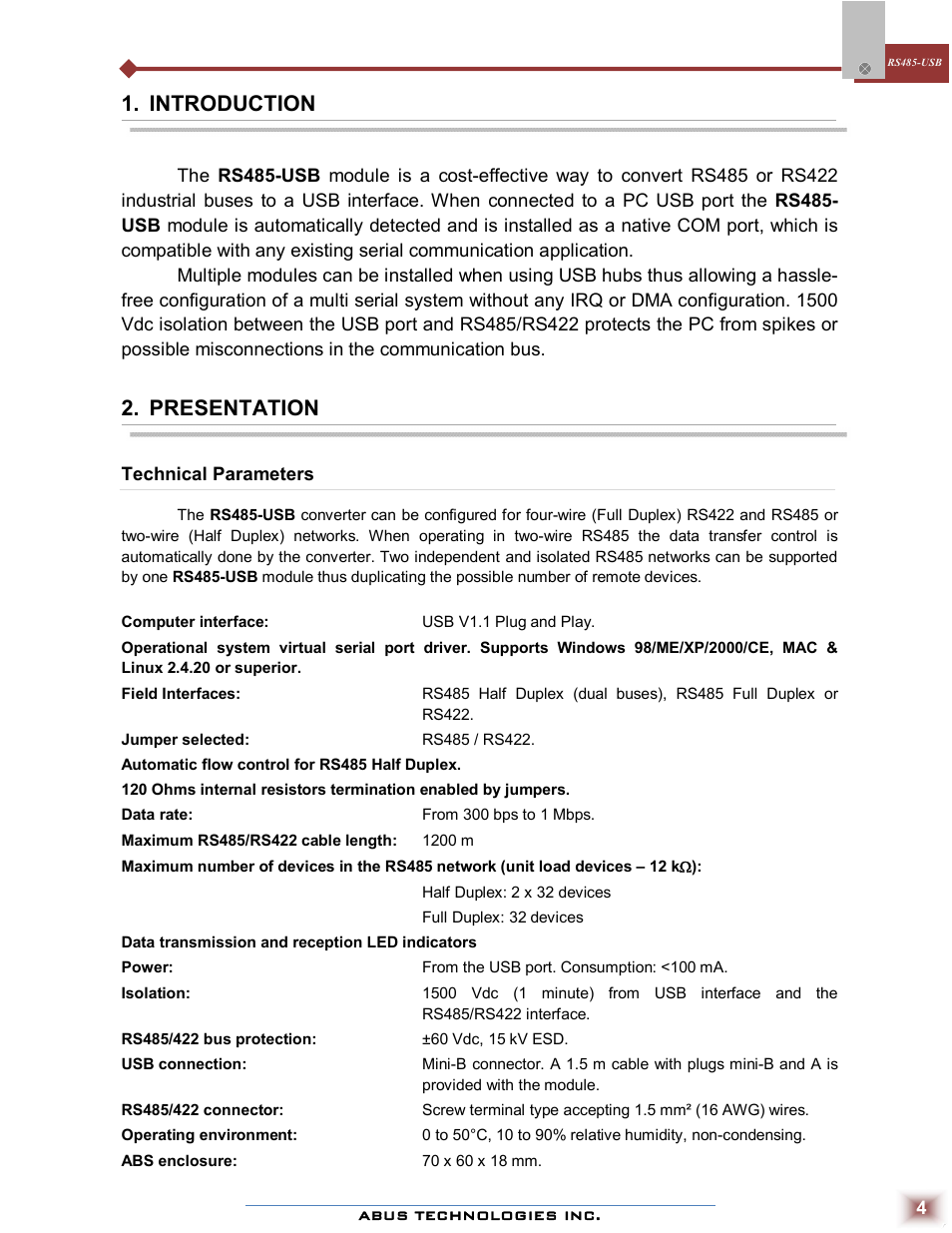 Introduction, Presentation | ABUS Technologies RS485-USB Converter User Manual | Page 4 / 11