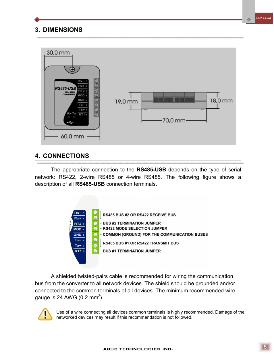 Dimensions, Connections | ABUS Technologies RS485-USB Converter User Manual | Page 5 / 11