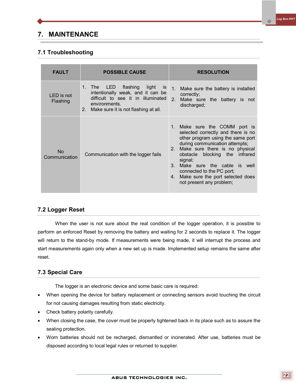 Maintenance | ABUS Technologies Log Box-RHT with LCD Data Logger User Manual | Page 22 / 23