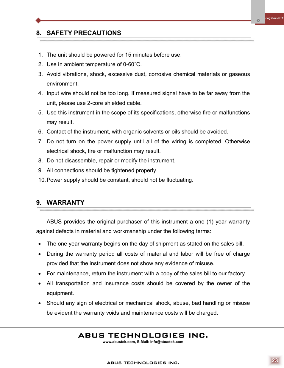 Abus technologies inc, Safety precautions, Warranty | ABUS Technologies Log Box-RHT with LCD Data Logger User Manual | Page 23 / 23
