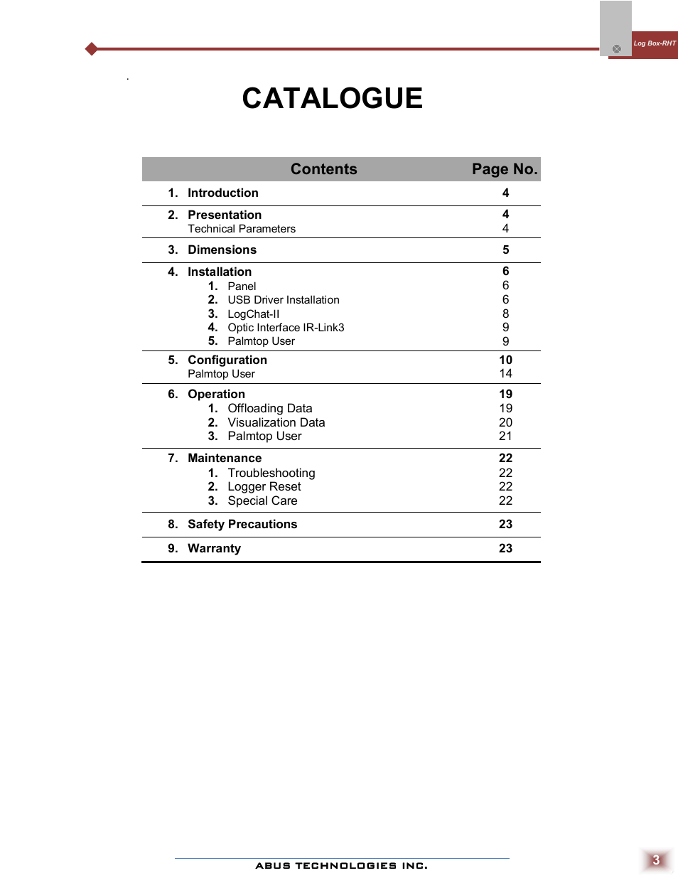 Catalogue, Contents page no | ABUS Technologies Log Box-RHT with LCD Data Logger User Manual | Page 3 / 23