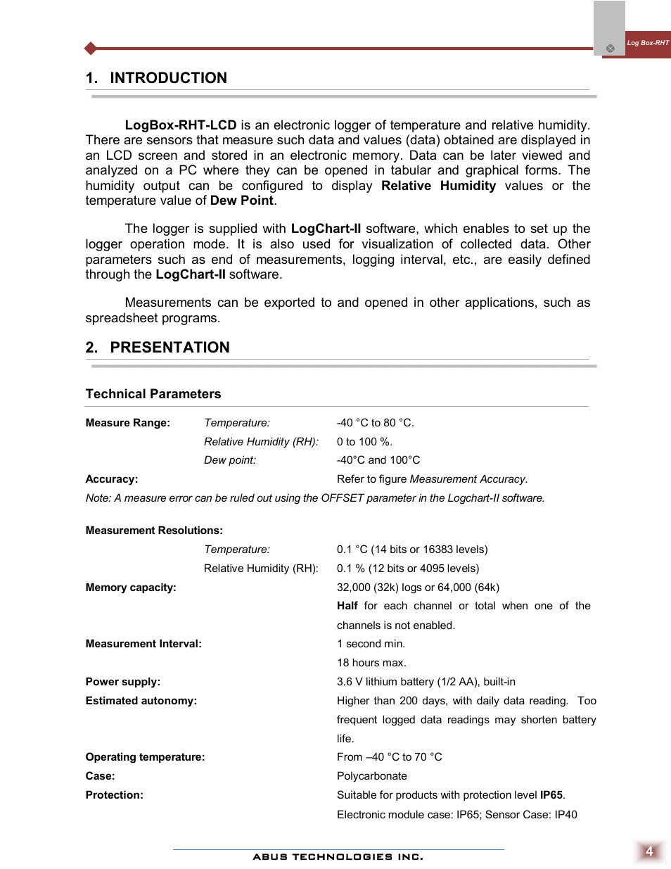 Introduction, Presentation | ABUS Technologies Log Box-RHT with LCD Data Logger User Manual | Page 4 / 23
