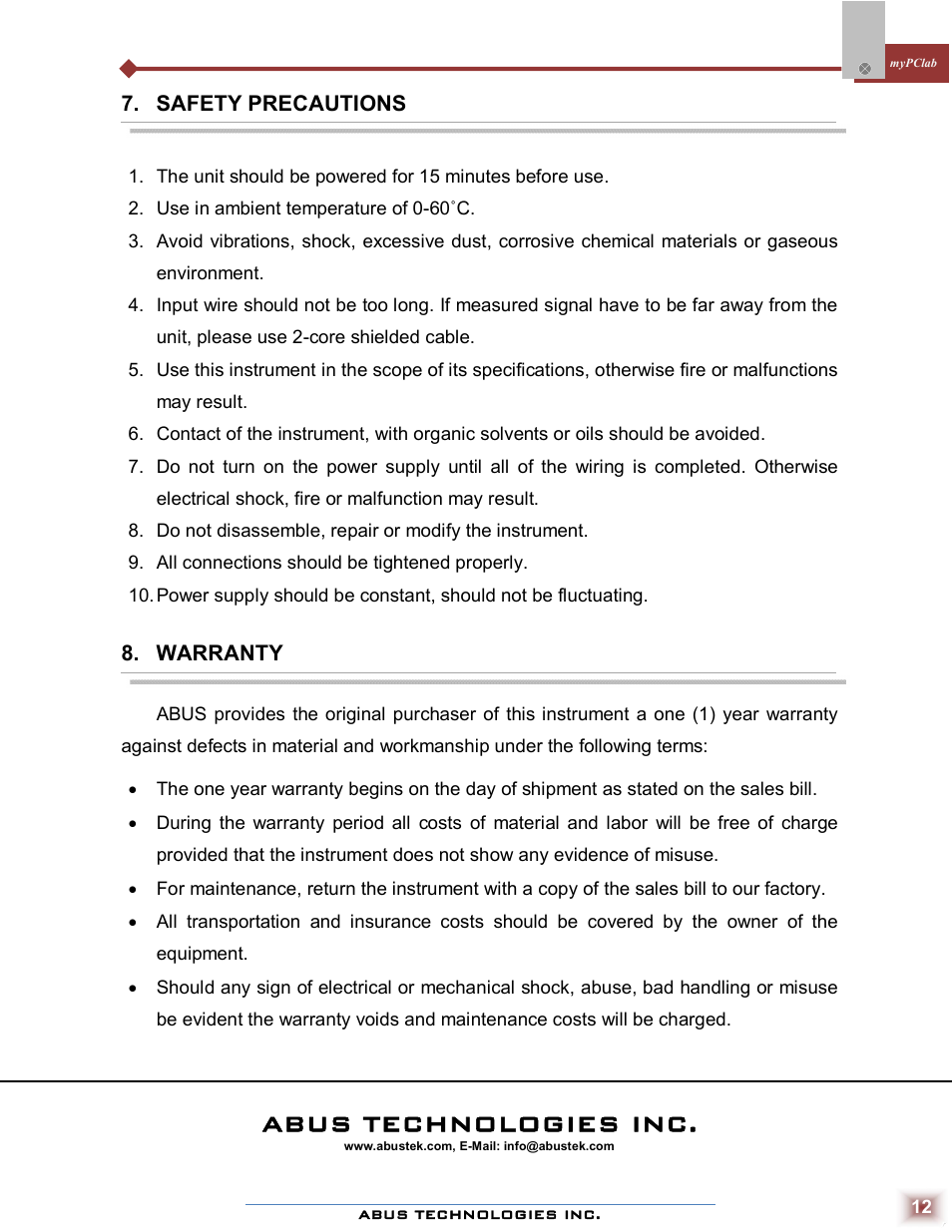 Abus technologies inc | ABUS Technologies myPCLab Data Acquisition / Recorder User Manual | Page 12 / 12