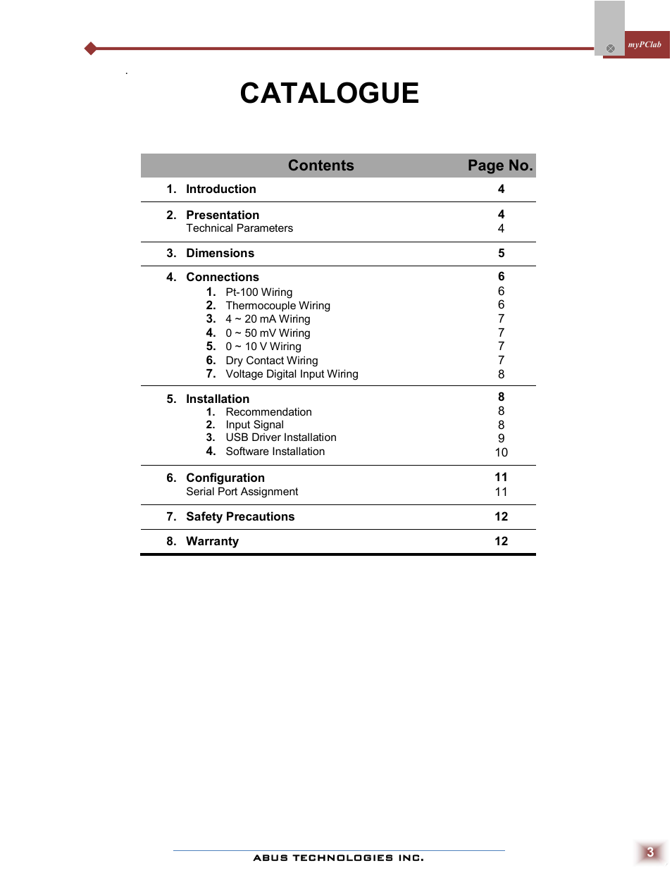 Catalogue, Contents page no | ABUS Technologies myPCLab Data Acquisition / Recorder User Manual | Page 3 / 12