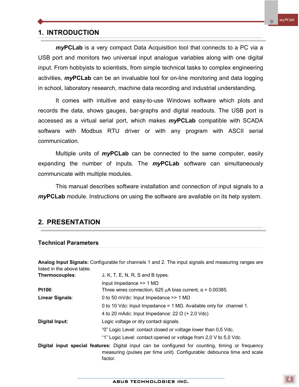 Introduction, Presentation | ABUS Technologies myPCLab Data Acquisition / Recorder User Manual | Page 4 / 12