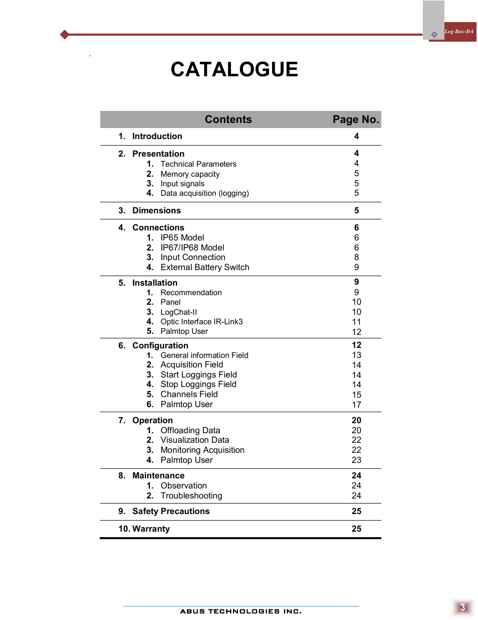 Catalogue, Contents page no | ABUS Technologies Log Box-DA Data Logger User Manual | Page 3 / 25