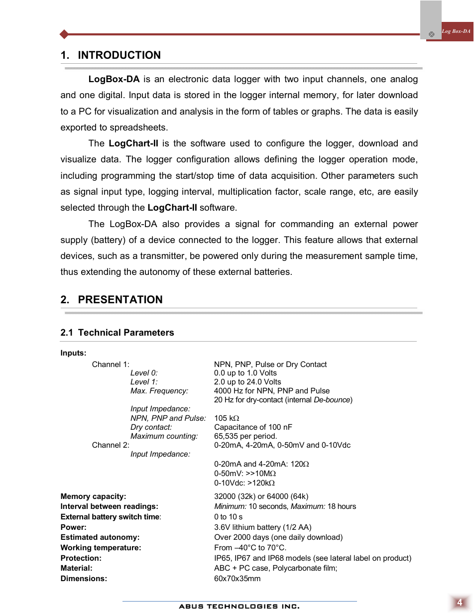 Introduction, Presentation | ABUS Technologies Log Box-DA Data Logger User Manual | Page 4 / 25