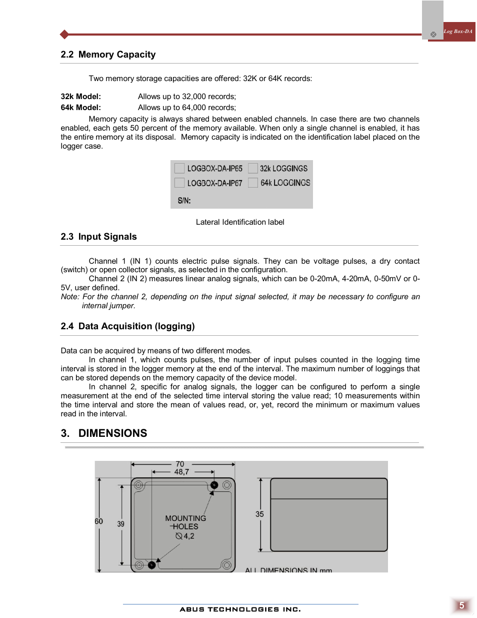 Dimensions | ABUS Technologies Log Box-DA Data Logger User Manual | Page 5 / 25