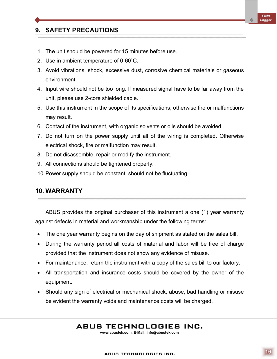 Abus technologies inc, Safety precautions, Warranty | ABUS Technologies Field Logger Data Acquisition/Recorder User Manual | Page 16 / 16