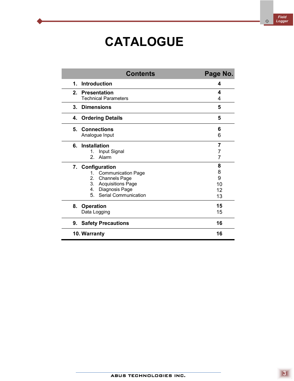 Catalogue, Contents page no | ABUS Technologies Field Logger Data Acquisition/Recorder User Manual | Page 3 / 16