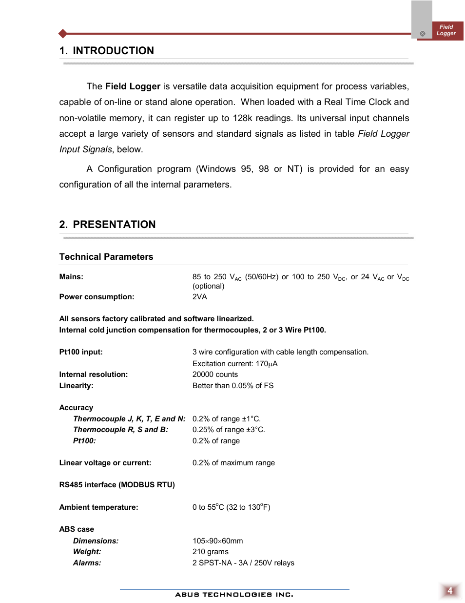Introduction, Presentation | ABUS Technologies Field Logger Data Acquisition/Recorder User Manual | Page 4 / 16